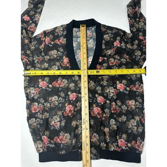 Stradivarius Chaqueta Bomber Floral Print Size M Black Pink Zip Transparent - Picture 6 of 10